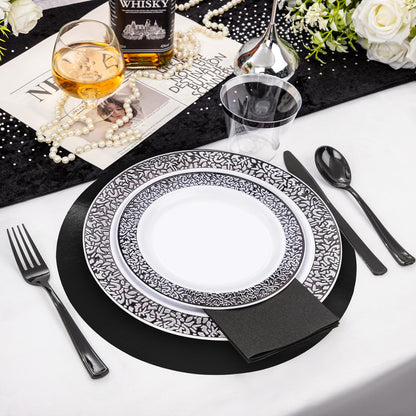30 PCS Black Paper Placemats Round Disposable Halloween Placemat Shiny Mirrored Paper Charger Placemats for Halloween 50th Birthday Wedding Bachelorette Graduation Holiday Party Dinner Table Decor