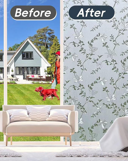 Frosted Glass Window Film with Elegant Flower Design, Bathroom Window Privacy Film for Glass Windows Cover, Static Cling, Removable, Reusable, Anti-UV, Anti-Glare, 17.5 Inch * 78.74 Inch