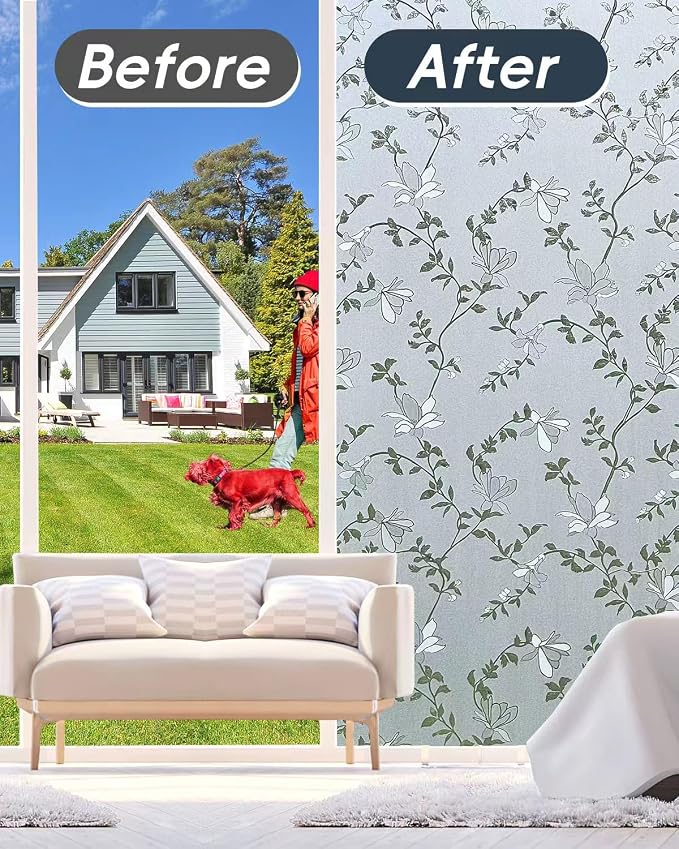 Frosted Glass Window Film with Elegant Flower Design, Bathroom Window Privacy Film for Glass Windows Cover, Static Cling, Removable, Reusable, Anti-UV, Anti-Glare, 23.6 Inch * 78.74 Inch