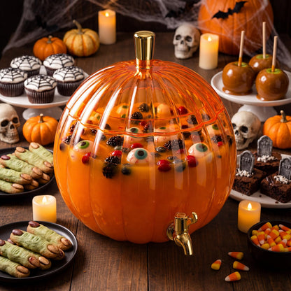 Potchen 1.3 Gallon Pumpkin Plastic Drink Dispenser Thanksgiving Drink Dispenser Fall Harvest Kitchen Decoration Beverage Water Container with Spigot for Fridge Halloween Autumn Party Supplies(Orange)