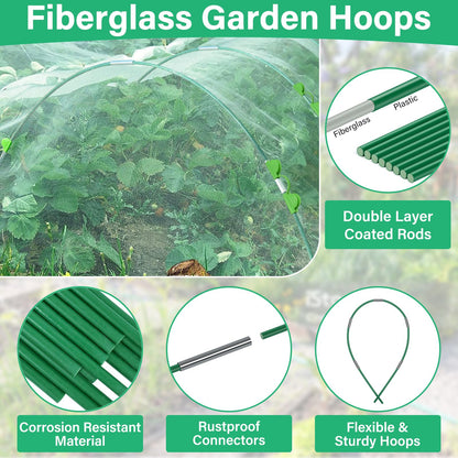 Sunwinx Garden Mesh Netting Kit for Raised Beds, 10x33FT Ultra Fine Mesh Netting& 6 Sets 8FT Fiberglass Garden Hoops, Insect Netting Row Cover, Pest Barrier Protection for Vegetable Fruits Flowers