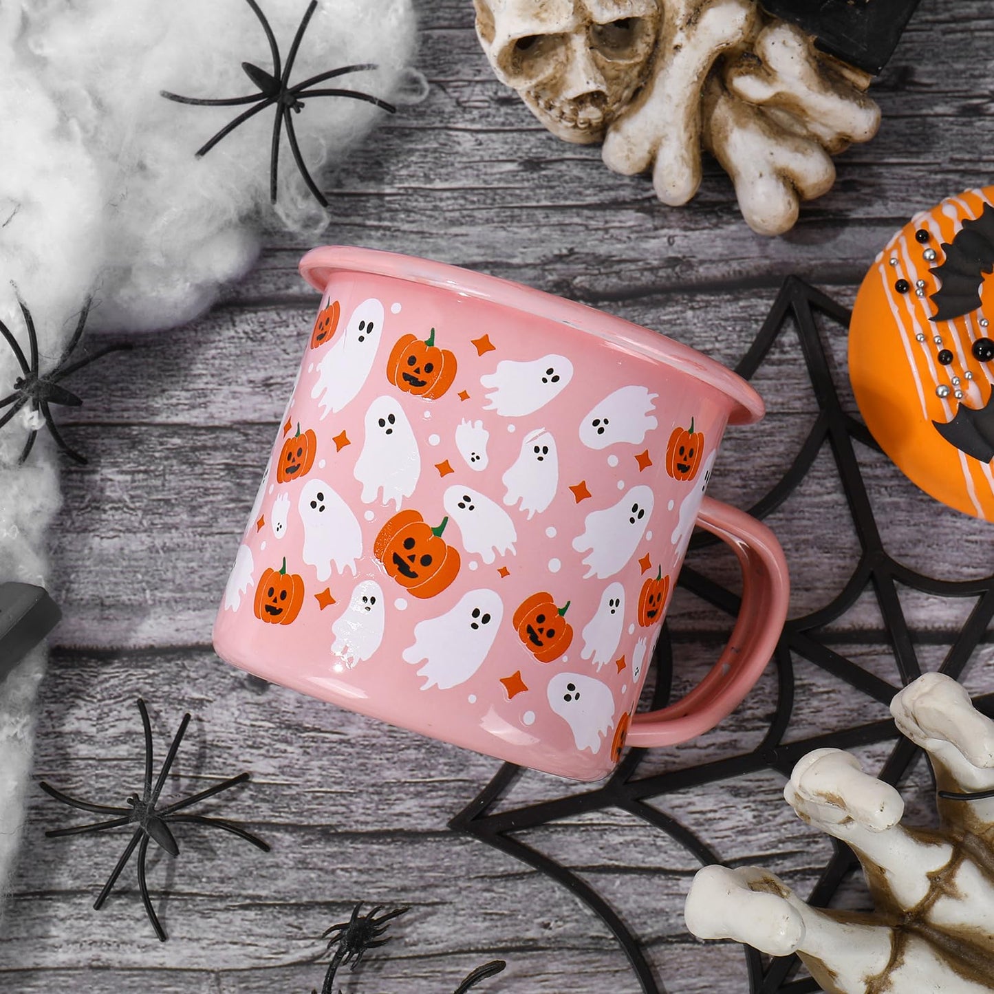 JarThenaAMCS 2 Pcs Halloween Coffee Mug Boo Ghost Pumpkin Enamel Cups with Handle Pink Drinking Mugs for Trick or Treat Birthday Holiday Party Gifts, 12 Oz