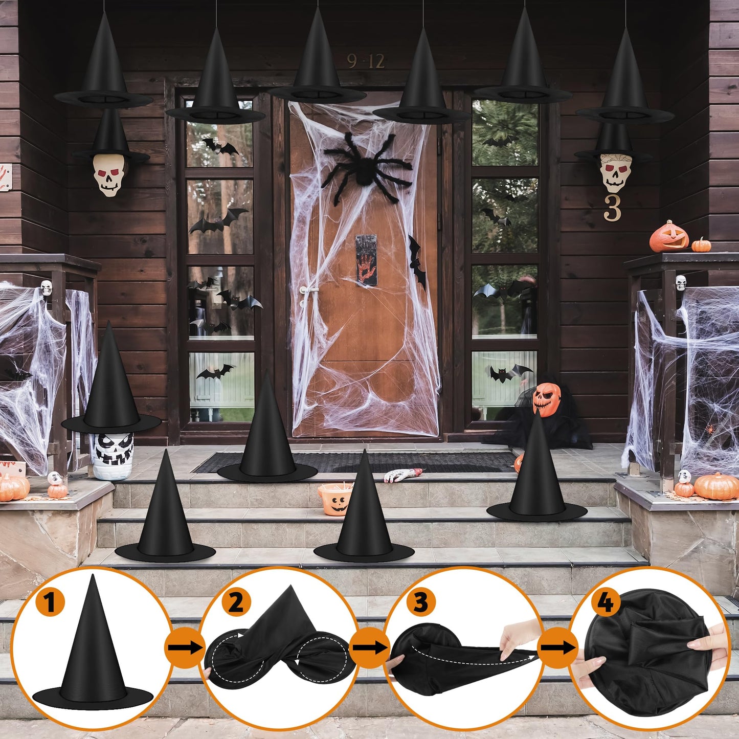 Luces 30 PCS Black Witch Hats, Witches Halloween Decor, Thickened Hanging Wizard Hat with 492 FT Rope Costume Accessory Floating Witches Hats Outdoor, Halloween Birthday Party Decorations Front Porch