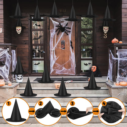 Luces 30 PCS Black Witch Hats, Witches Halloween Decor, Thickened Hanging Wizard Hat with 492 FT Rope Costume Accessory Floating Witches Hats Outdoor, Halloween Birthday Party Decorations Front Porch