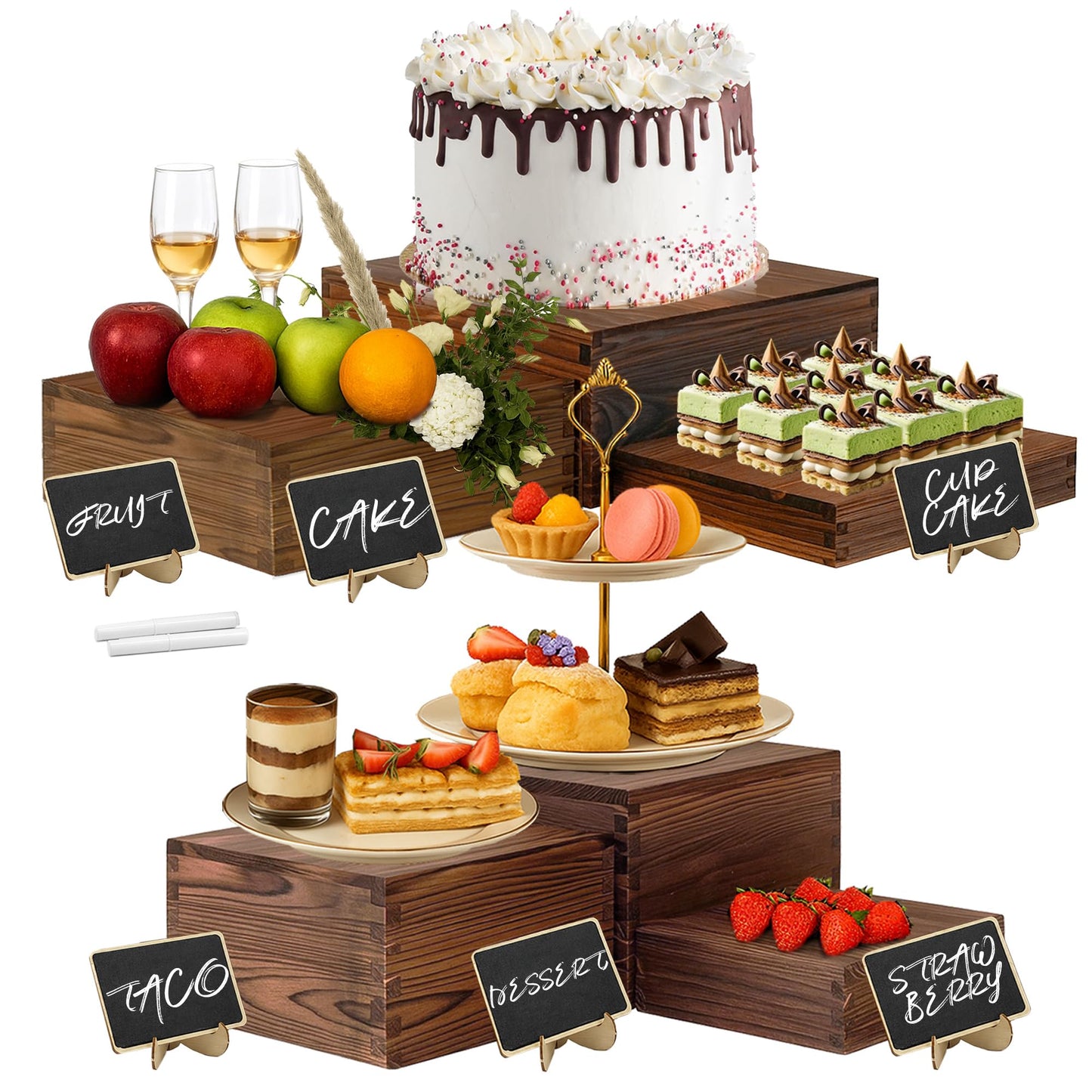 Verssure 6-Pack Wood Risers Display Stands, Multi-Height Food Risers for Buffet Table, Rustic Wooden Cake & Cupcake Stands for Party, Birthday, Wedding, Halloween Decor