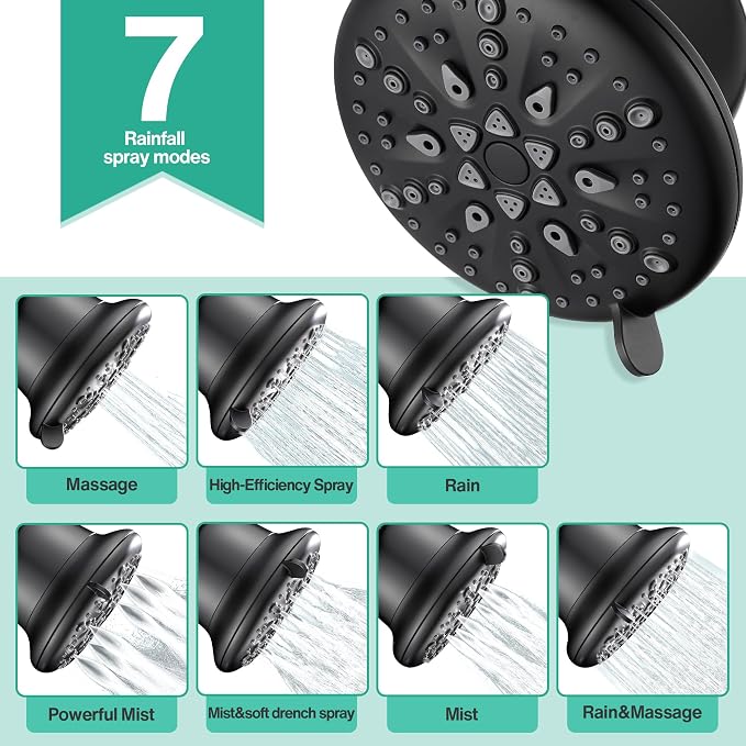 Cobbe Filtered Shower Head, 7 Modes High Pressure Shower Heads - 16 Stage Shower Head Filter for Hard Water for Remove Chlorine and Harmful Substances (Midnight Black Matte, 5 Inch Round)