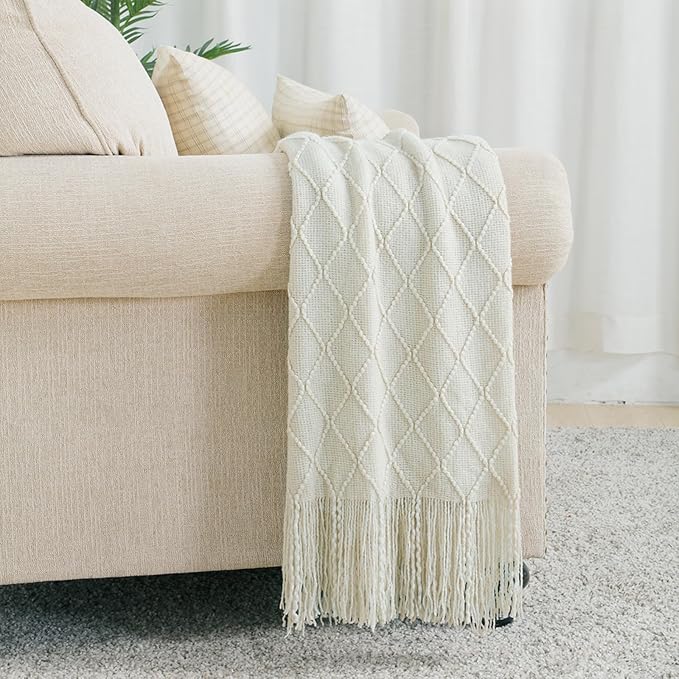 BOURINA Beige Throw Blanket 50 x90 Inches Throw Textured Solid Soft Sofa Throw Bed Runner Couch Cover Knitted Decorative Blanket Bed Runner