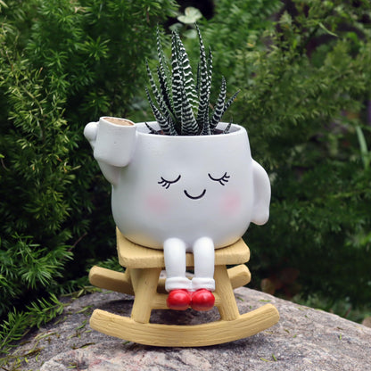 Dolkgy Cute Plant Pots Head Planters, Unique Rocking Chair Drinking Coffee Girl Face Vase, Decorative Cactus Succulent Flower Pots, Gifts for Plant Lovers