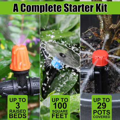100FT Drip Irrigation System Kit, Automatic Watering System with 30 Adjustable Nozzles & 30M 1/4" Tubing – DIY Solution for Gardens, Greenhouses, Patios & Lawn – Effortless Plant Care + Water-Saving