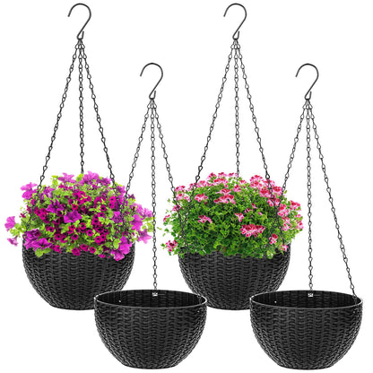 Foraineam 4 Pack Black Hanging Planters, 8.2 inch Hanging Flower Basket Planter Pots, Garden Plant Pot Container, Balcony Patio Hanging Basket Planters with Drainage Hole for Indoor and Outdoor Use