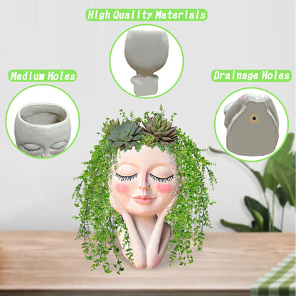 Head Planter Pot for Plants - Face Flower Pots Indoor Outdoor, Cute Succulent Head Planter, Creative Plant Pots With Drainage, Resin Cactus Planter Coffee Table Decor, Women/Mother Vase Gifts Ideas