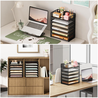 Subekyu 2-Pack 6-Tier Paper Tray Organizer for Desk - Black Mesh File Folder Sorter with Handles, Desk Letter Holder for Office, Home, School Supplies Storage & Organization