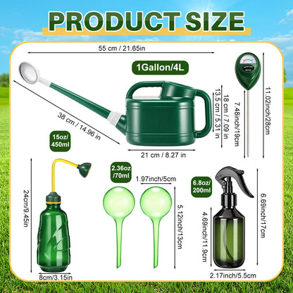 Reallnaive 6-piece Indoor Watering Can Set – 1 Gal Can, 6.8 oz Spray, 15 oz Squeeze, Plant Watering Globes & Soil Moisture Meter, Indoor & Outdoor Plant Care(Army Green)
