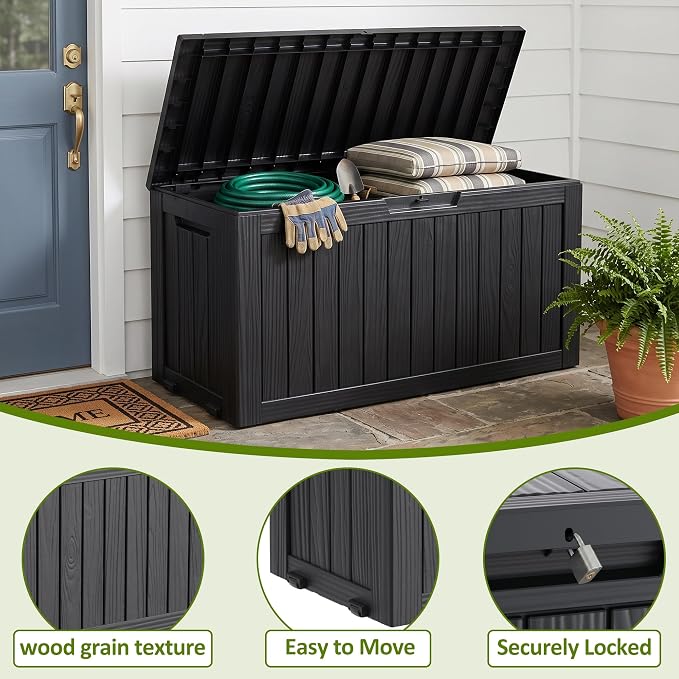 ROJIK 95 Gallon Outdoor Storage Box Waterproof,Weatherproof Deck Boxes Outdoor Lockable,Resin Outside Storage Box for Garden Tools,Cushions,Pool Accessories(Black)