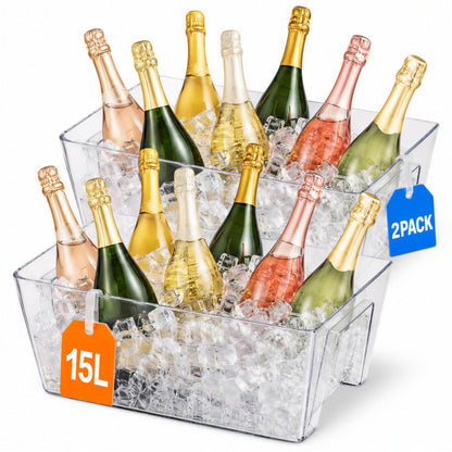 Tchrules 15L Clear Ice Bucket 2 Pack, Large Beverage Tub for Parties & Bars
