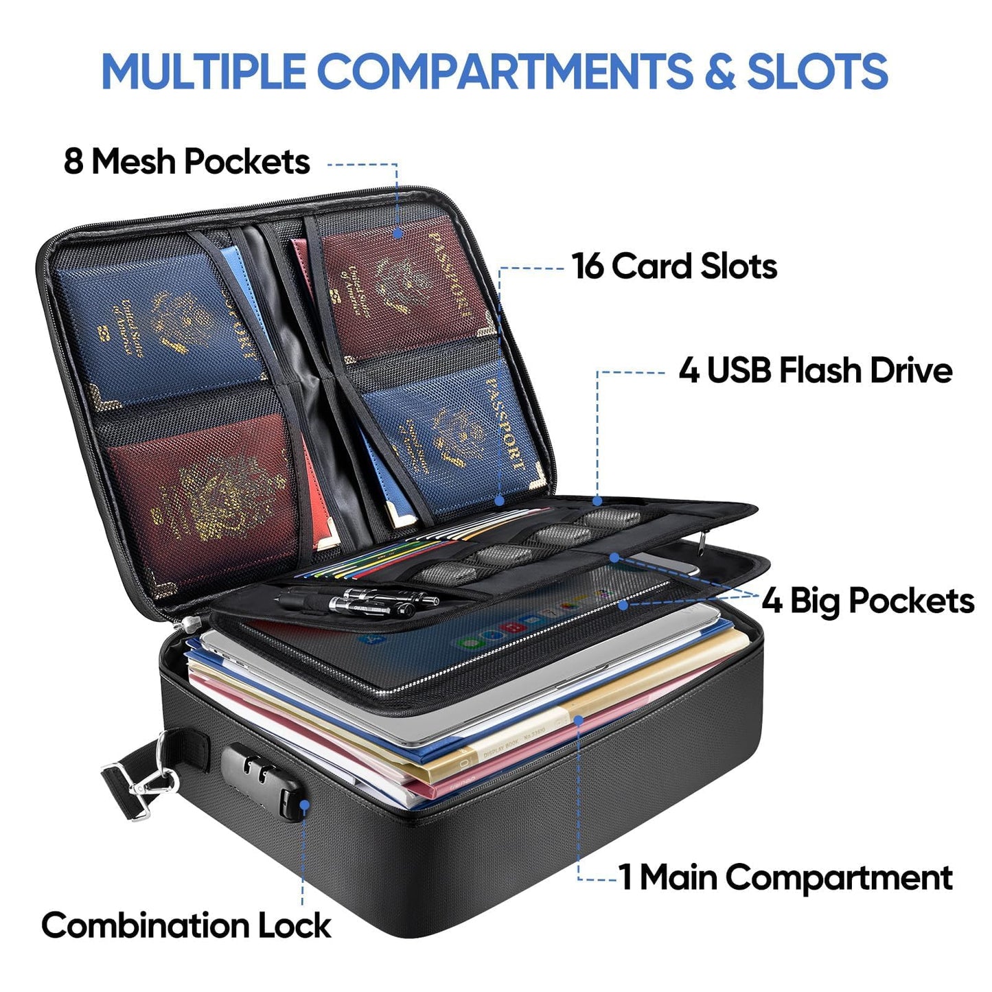 BALEINE Fireproof Document Box with Lock, Portable Fireproof Document Bag Waterproof Fire Proof File Boxes for Documents, File Organizer Box for Important Paperwork (Black, 15''x11''x4'')
