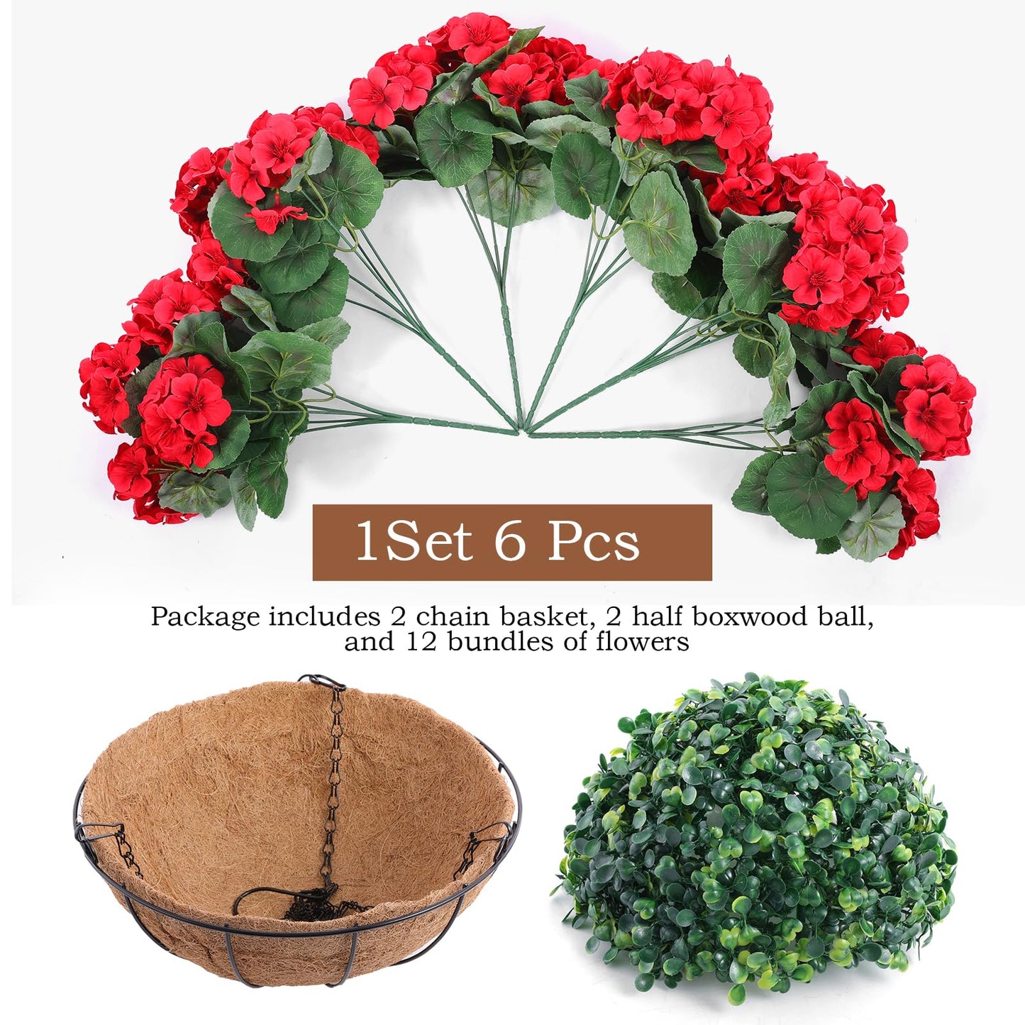 Hananona 2 Set Artificial Red Geraniums Flowers for Outdoors with Hanging Baskets, 2 Hanging Planters with 12 Pcs Red Geranium Flowers for Christmas Front Porch Garden Patio Home Decor (2, Red)