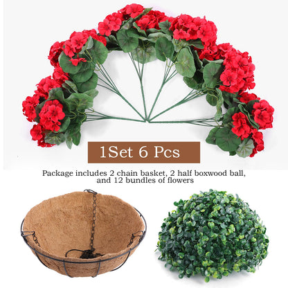 Hananona 2 Set Artificial Red Geraniums Flowers for Outdoors with Hanging Baskets, 2 Hanging Planters with 12 Pcs Red Geranium Flowers for Christmas Front Porch Garden Patio Home Decor (2, Red)