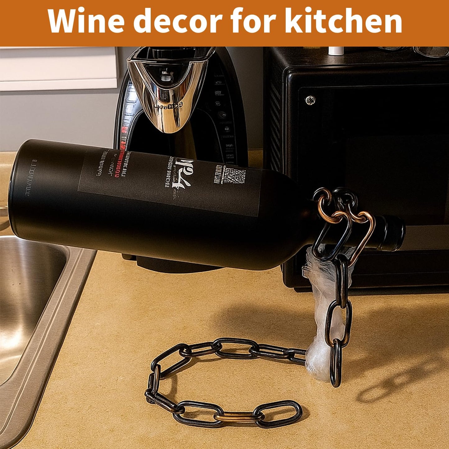 TBWHL Novelty Magic Wine Bottle Holder Floating Steel Link Chain Wine Bottle Rack/Holder - Holds Bottles in the Air, Unique Levitating Wine Bottle Stand for Home Bar, Kitchen, or Party Deco（Brown）