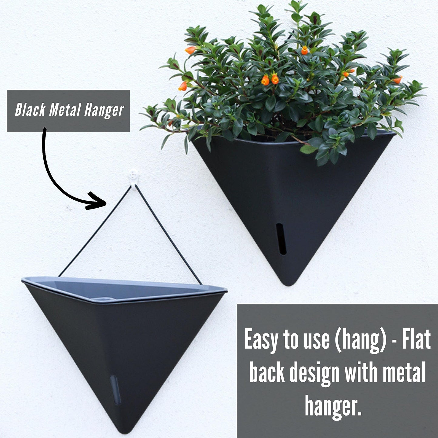 LaLaGreen Bundle - 12" x 2 Pack Gray + 12" x 2 Pack Black Large Self Watering Geometric Hanging Flower Vase Vessel with Metal Hanger, Modern Stylish Wall Mounted Succulent Pot Holder Decor