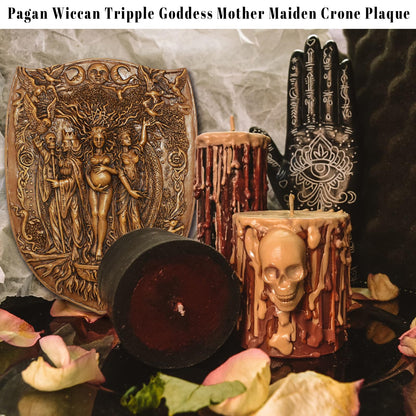 Pinra Triple Moon Wall Decor Pagan Wiccan Triple Goddess Maiden Mother Crone Shield Statue Celtic Wall Art Irish Feminism Gods Hanging Shield Wall Plaque Sculpture Khaki