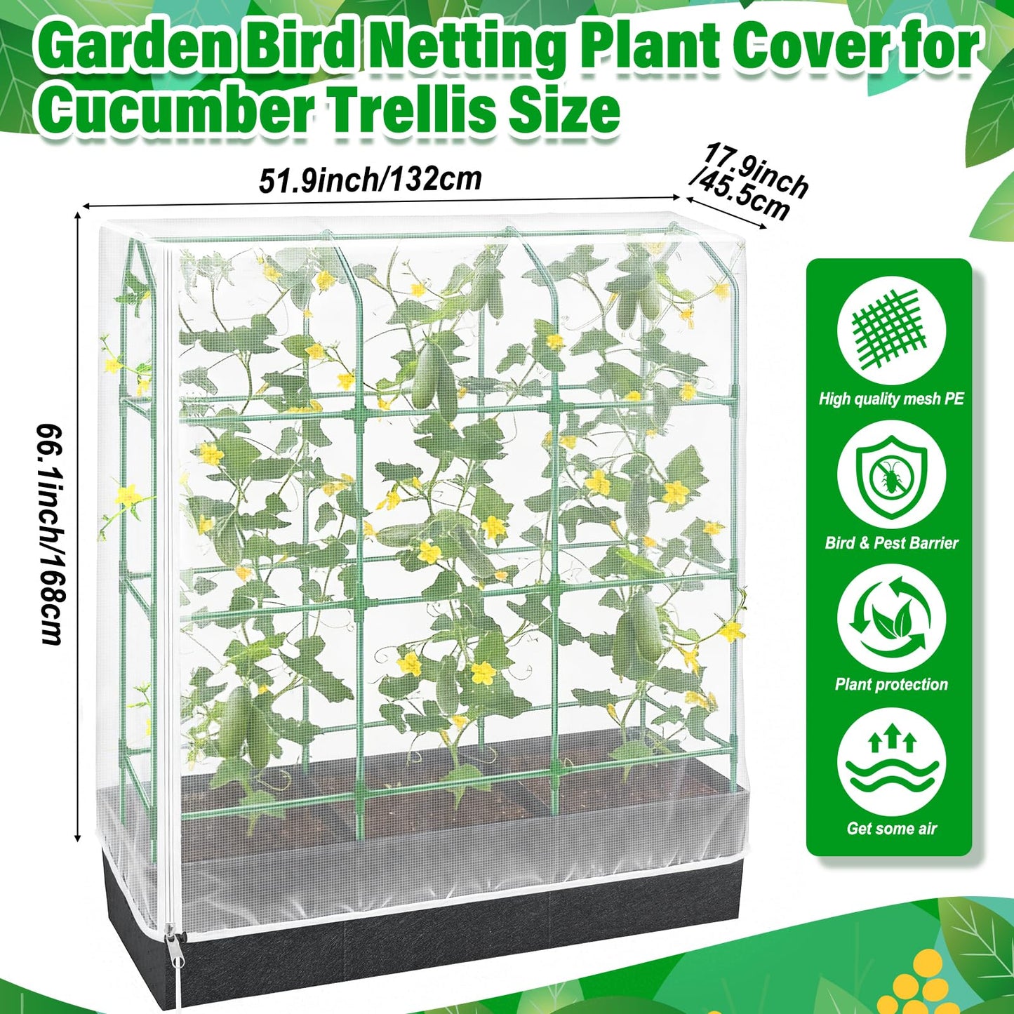 Garden Bird Netting Plant Cover for Cucumber Trellis, 52" x18''x66'' Insect Bird Barrier Garden Trellis Net with Zipper & Drawstring, Cucumber Trellis Netting Protection Cover for Protecting Plants