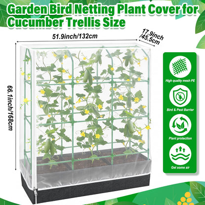 Garden Bird Netting Plant Cover for Cucumber Trellis, 52" x18''x66'' Insect Bird Barrier Garden Trellis Net with Zipper & Drawstring, Cucumber Trellis Netting Protection Cover for Protecting Plants