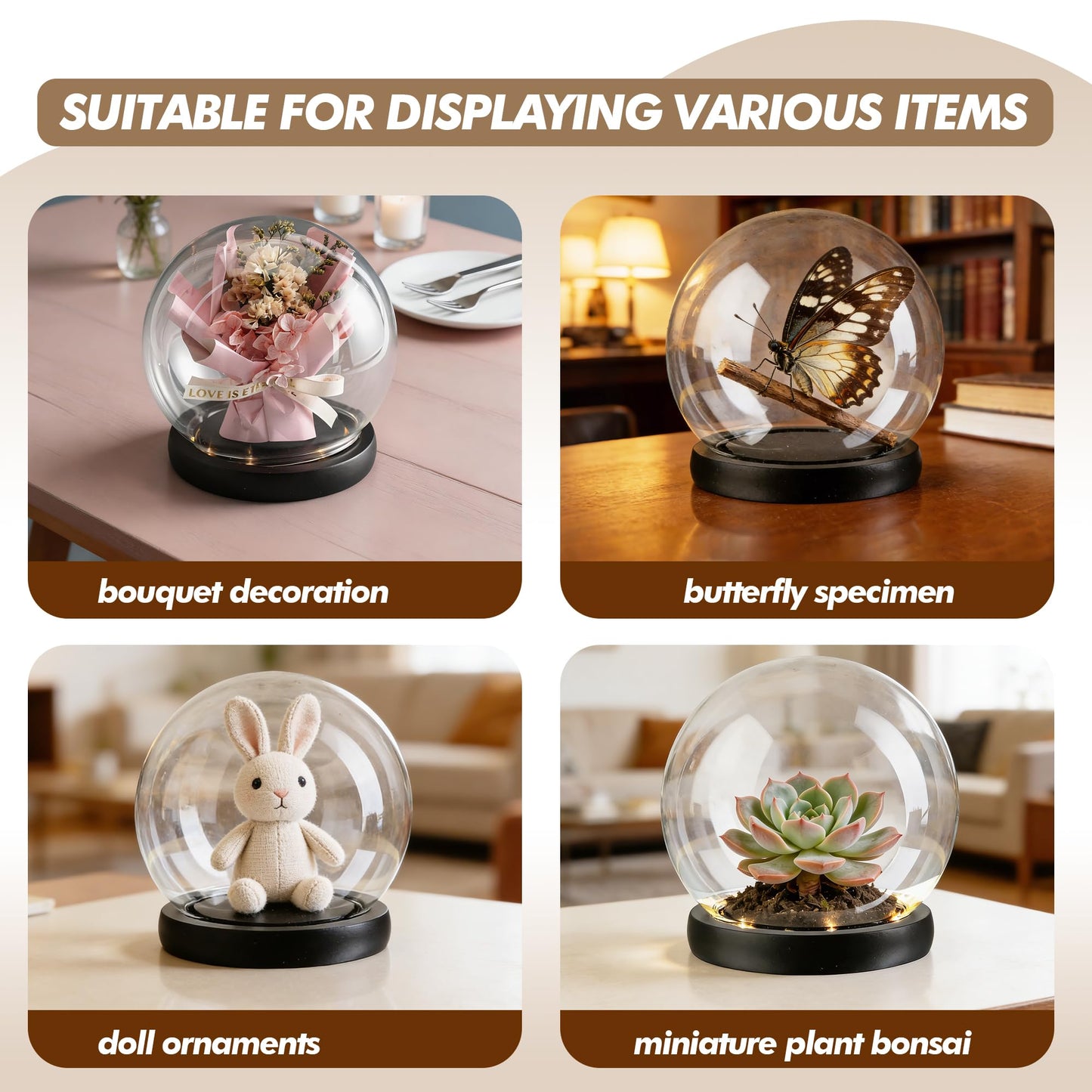 6inch Round Glass Cloche Display Dome with Black LED Lights Base Decorative Glass Display Bell Jar for Plants Keepsakes Collectibles