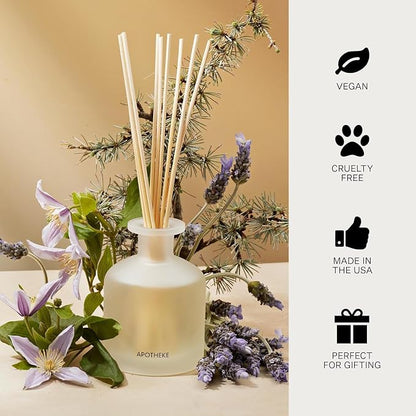 Apotheke Luxury Scented Reed Diffuser for Home, Hinoki Lavender - 6.7 Fl Oz Essential Oil Aromatherapy - 10 Rattan Scent Sticks Room Diffuser - Long-Lasting Fragrance for Bedroom, Home, Bathroom