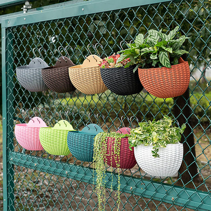 Hanging Planter Pot, Wall and Railing Hanging Planters with S Hooks, Half Round Imitation Rattan European Style Wall Flowerpot Rustic Decorative Flower Basket for Home Balcony(#21 * 16.5cm Brick red)