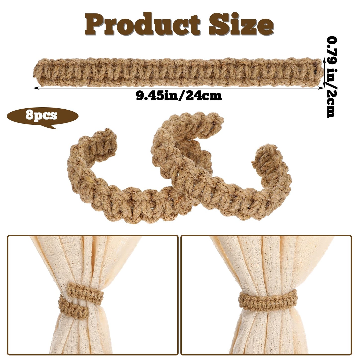 8 Pack Braided Curtain Tieback Rustic Drapes Holdback Boho Curtain Tie Backs Farmhouse Curtains Tie Holder Handmade Drape Rope Tieback for Home Office Sheer Weight Decor Drapery Straps Indoor