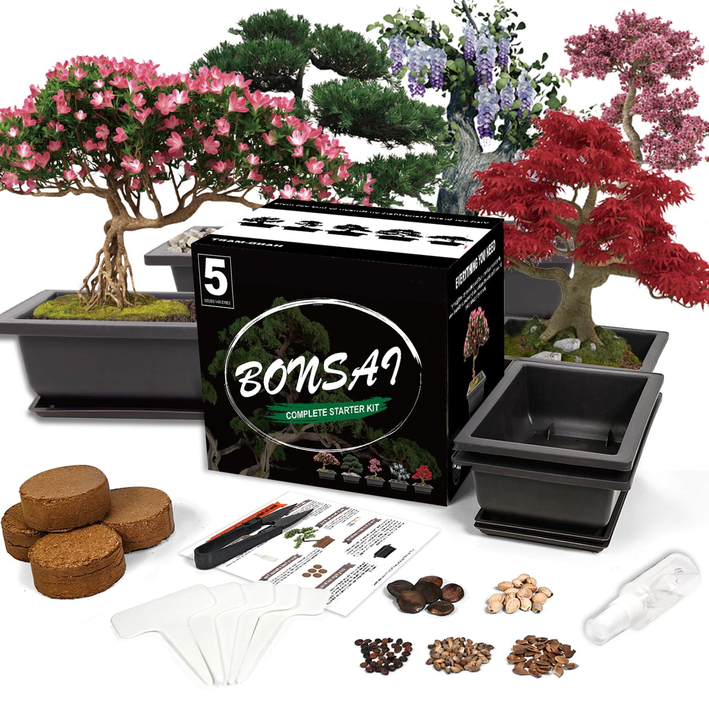Sproutix Bonsai Starter Kit, 5 Seeds Growing into Acacia, Wisteria, Sakura, Red Maple and Black Pine, Including Complete Gardening Tools with A Gift Box for Men Women Beginners