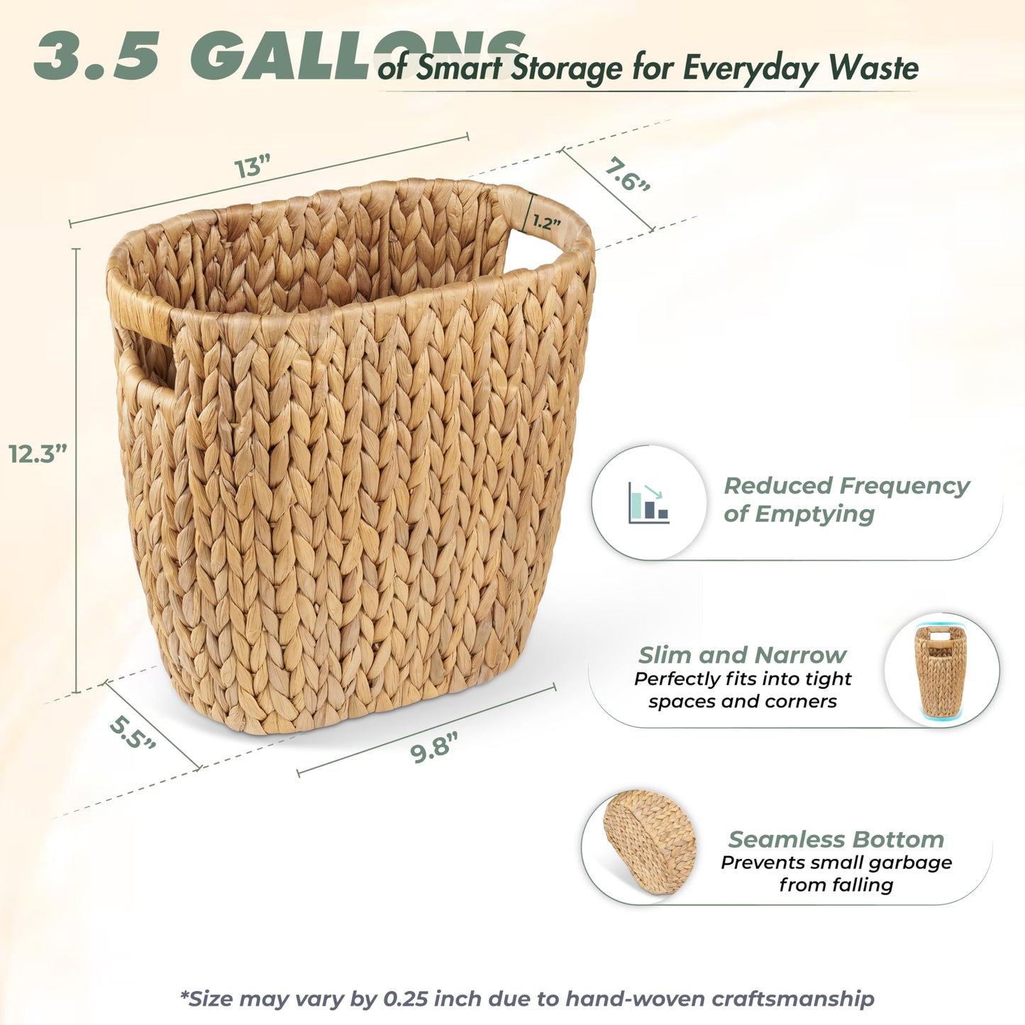 BLUEWEST 3.5 Gallons Wicker Trash Can, Wicker Rattan Bathroom Trash Can with Built-in Handle, Large Handwoven Hyacinth Waste Bin for Office, Bedroom, Living Room, and Kitchen