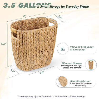 BLUEWEST 3.5 Gallons Wicker Trash Can, Wicker Rattan Bathroom Trash Can with Built-in Handle, Large Handwoven Hyacinth Waste Bin for Office, Bedroom, Living Room, and Kitchen