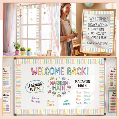 Tenceur 48 ft x 2.76 Inch Magnetic Borders for Whiteboard Decoration, Macaron Polka Dots Stripes Magnetic Bulletin Board Border Set for Summer Classroom Office Chalkboard Poster Board Decor