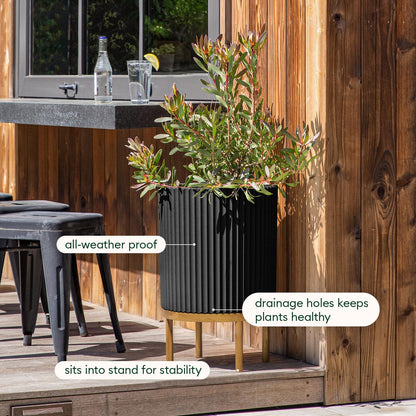 Veradek Demi Series Round Planter w/Stand for Porch/Patio | Durable Plastic-Stone Composite & Wooden Stand | Modern Décor for Tall Plants, Flowers