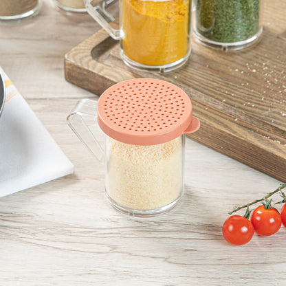 Restaurantware RW Base 10 Ounce Clear Plastic Dredge Spice Shaker 1 Reusable Dry Rub Shaker - Includes Rose Perforated Lid With Handle Clear Polycarbonate Spice Shaker For Any Seasoning