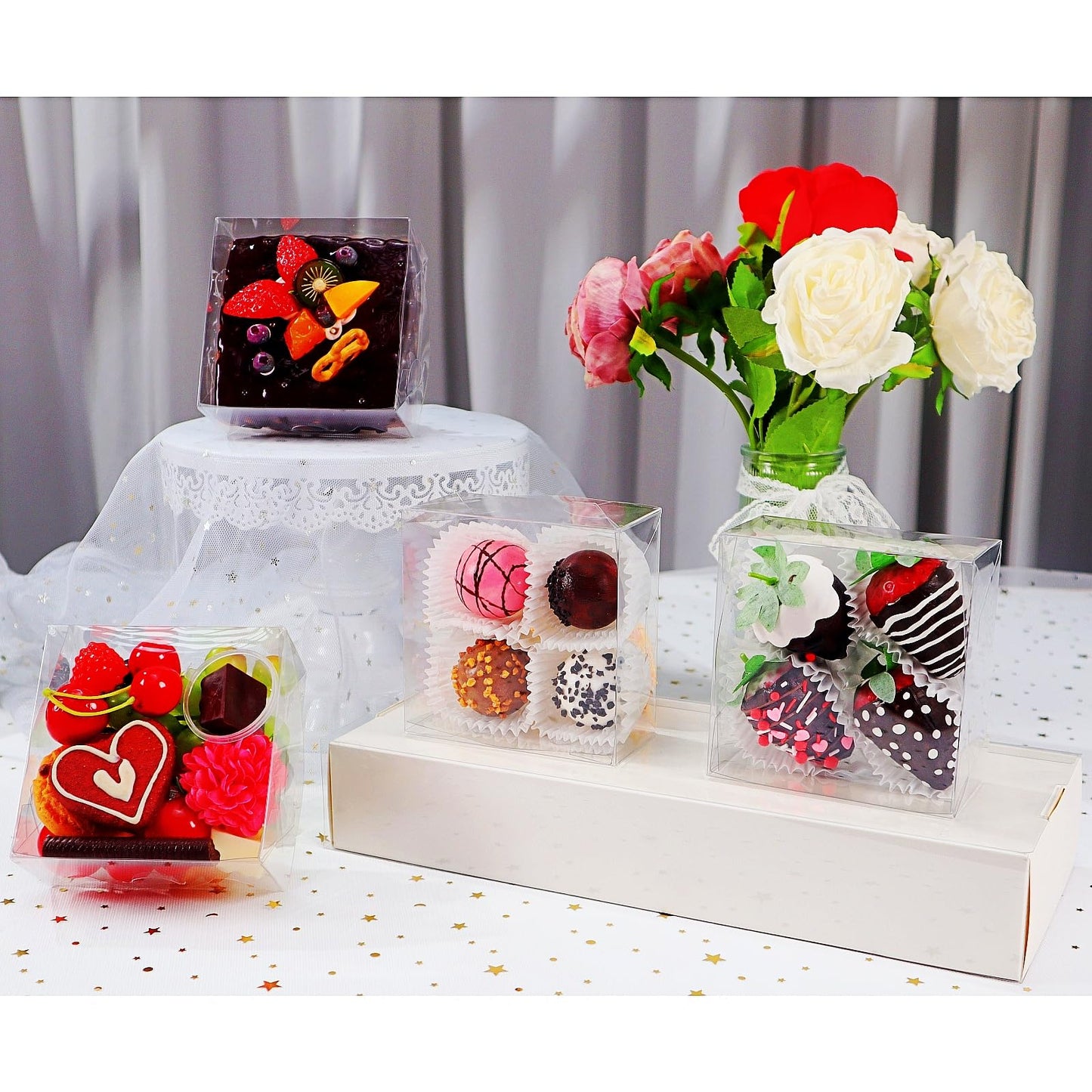 SLShePack 15Pack Clear Bakery Boxes 5x5x2 Inches Chocolate Covered Strawberry Boxes for 4 Mini Cake Boxes Cookies Macaron Boxes Pie Boxes Browines boxes