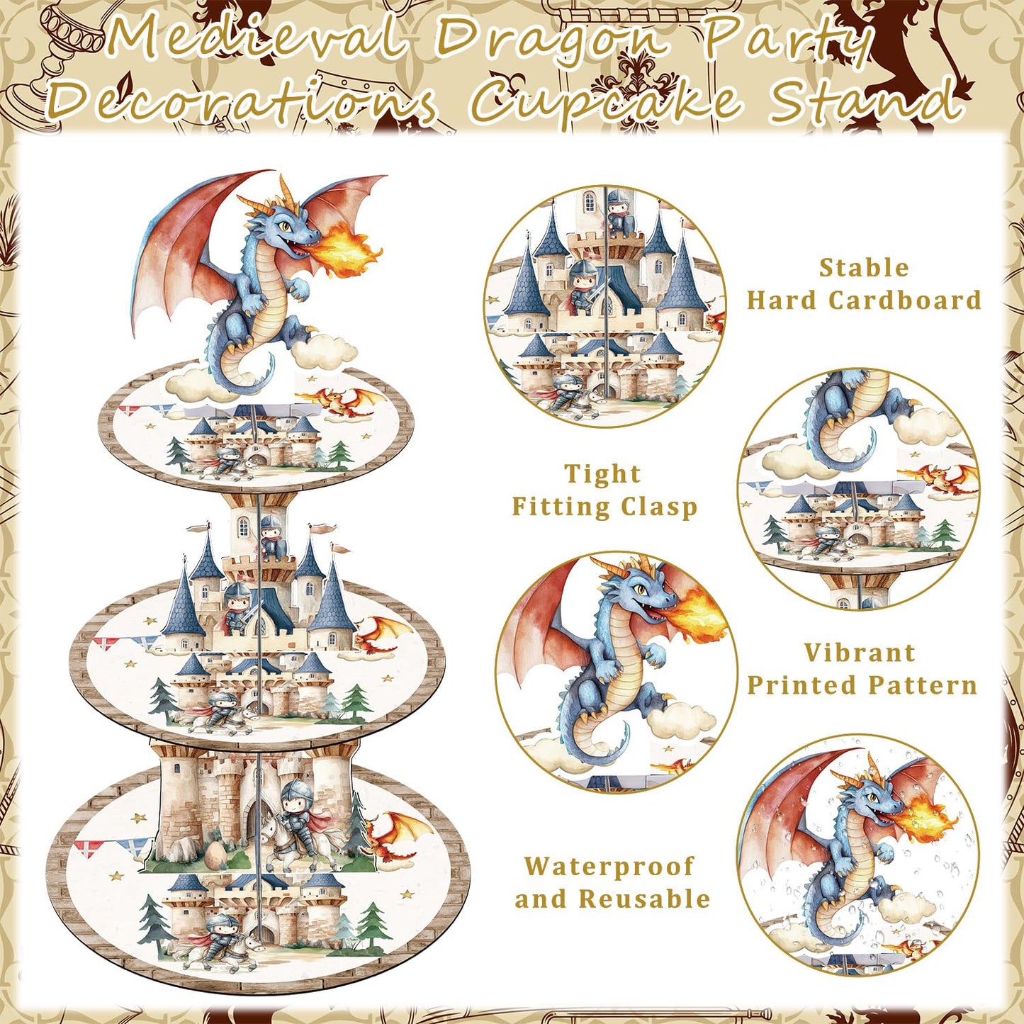 Keluna Medieval Dragon Party Decorations - 3 Tier Cupcake Stand Dragon Birthday Party Decorations Dessert Stands Holders
