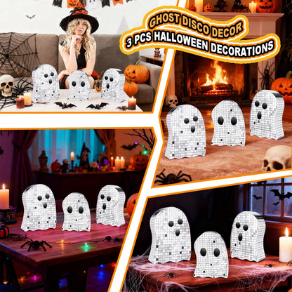 3 Pcs Halloween Disco Ghost Decor,5.9" 7" 8.2" Ghost Mirror Disco Ball Indoor Glitter Spooky Ghost Sign Halloween Tiered Tray Decor Mosaic Table Centerpiece for Party Gift (Silver)