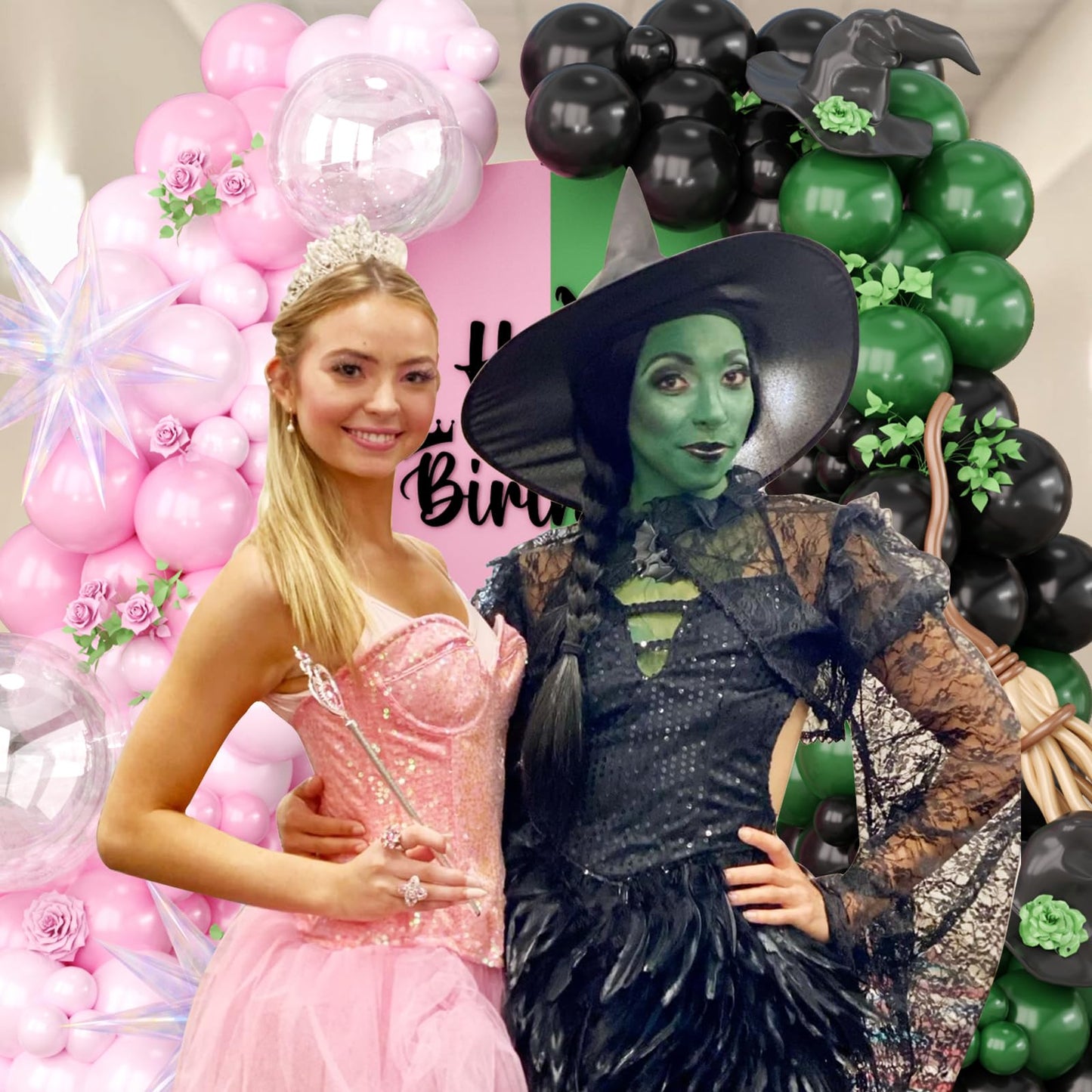 Pink Green Black Balloon Arch Kit, 153 Pcs Wick Balloons with Iridescent Exploding Star Balloons for Princess Witch Birthday Themed Party Decorations Fairy Wonderlad Party Supplies