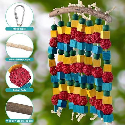 DBNESS Large Parrot Toys, 17.7 inch Multicolored Natural Wooden Blocks Beads Rattan Balls, Bird Chew and Hanging Tearing Toys for Large Medium Birds Macaws African Grey Cockatoos Amazon Parrots