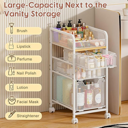 Hongtamoya Rolling Makeup Cart Organizer with 3 Drawers, Narrow Floor Skincare Organizers, Vanity Organizer Cosmetics Display Cases Holder for Skin Care Nail Polish Perfume Makeup Brush, White
