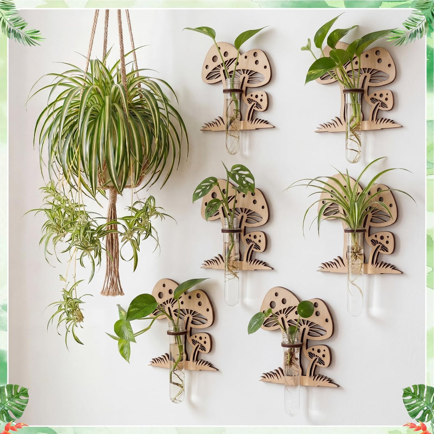 Romooa Set of 6 Mushroom Propagation Stations, Hanging Propagation Station and Wall Planters for Indoor Plants Wooden Hanging Planter, Boho Wall Decor Cute Indoor Small Plant Holder Gifts for Women