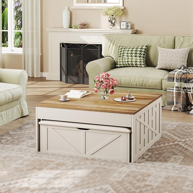 HUAHUU Lift Top Coffee Table with Storage Hidden Compartment, 31.5" Farmhouse Coffee Tables with Ottoman Bench, Center Table with Wooden Lift Tabletop for Living Room, White