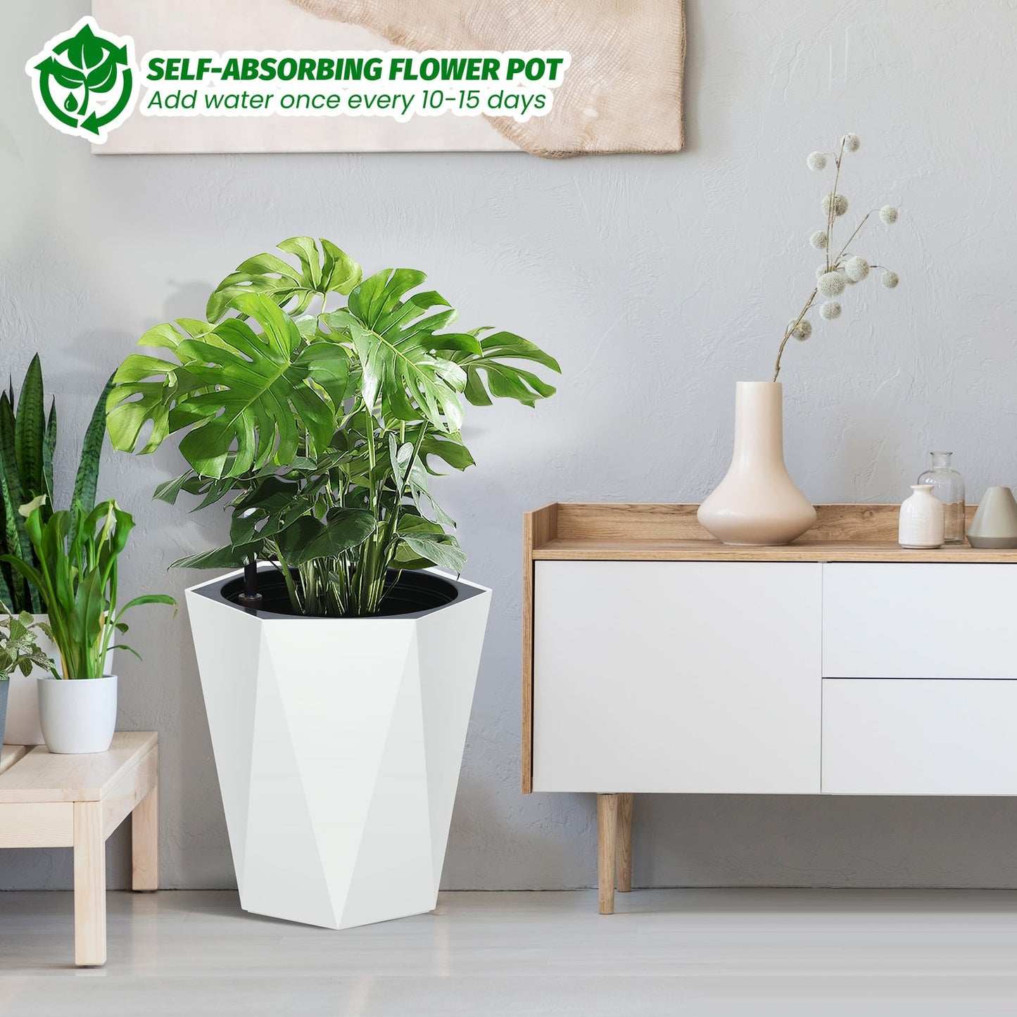 16" White Tall Planters Outdoor Set of 2, Large White Flower Pots Outdoor with Drainage Holes & Automatic Watering System, Modern Large Resin Planters for Outdoor Plants, Front Porch, Deck, Diamond