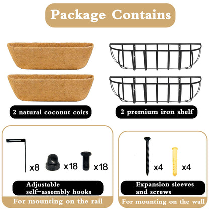 XXFBJNMD Window Box Railing Planter with Coco Liner 2 Pack 16 Inch Metal Hanging Flower Planter Deck Railing Planters Boxes for Balcony Outdoor Plants Fence Porch Patio