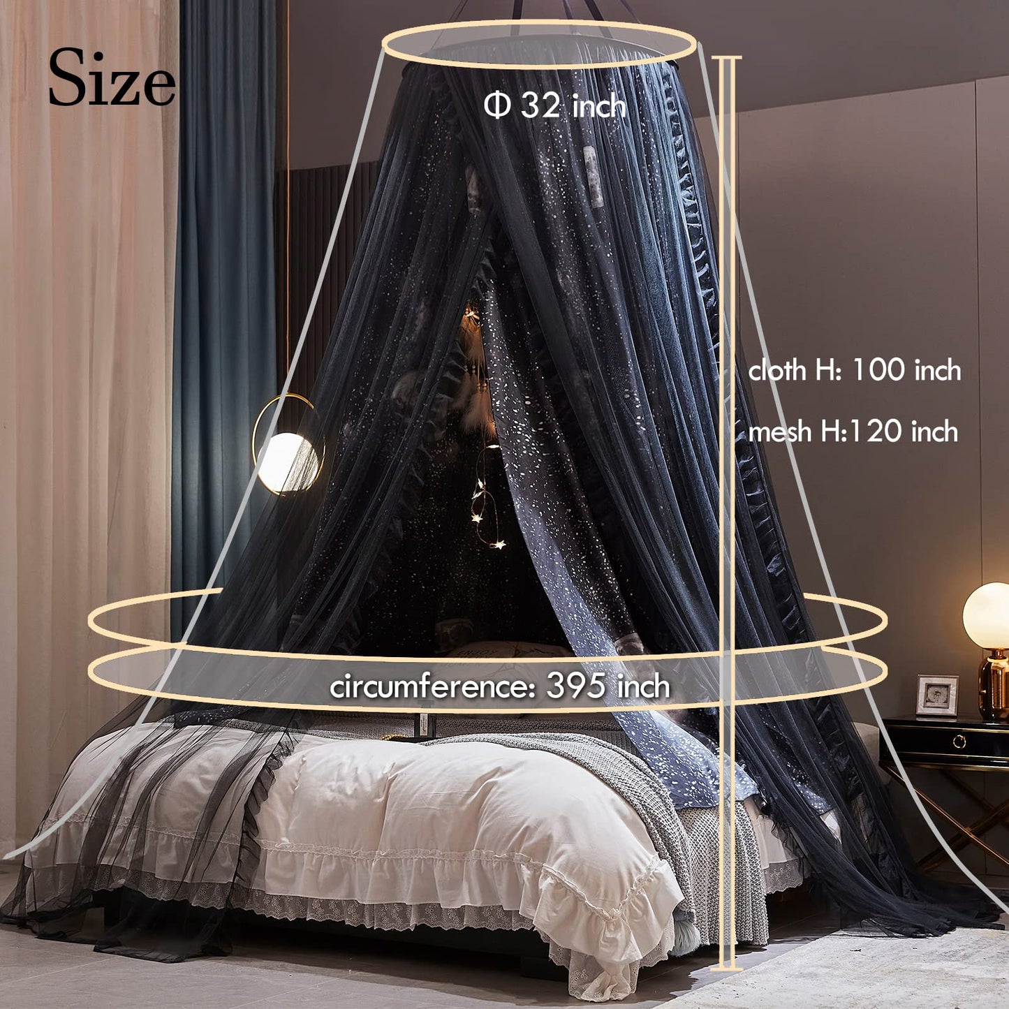 Kertnic Gorgeous Moon Printed Printed Bed Canopy for Girls & Adults, Room Decorative Cozy Bed Curtain Canopy Drapes, Round Dome Luxurious Lace Princess Canopies Mosquito Netting (Print Moon)