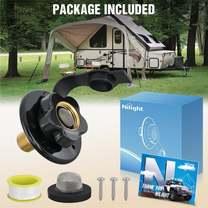 Nilight RV City Water Inlet with Check Valve 1/2" NPT Male to 3/4" GHT Female Brass City Water Fill Inlet Flange Connection Fittings for RV Camper Trailer Marine Hose Water Connector Replacement Black