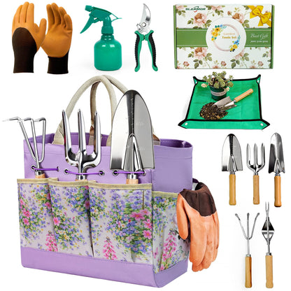 SLARMOR Garden Tool Set, 10 PCS Gardening Essentials, Stainless Steel Garden Hand Tools with Tote Bag, Well-Designed Gardening Supplies Kit Gifts for Women Men Gardeners